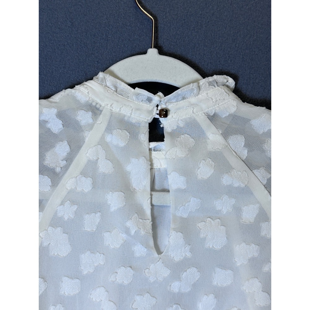 Anthropologie Feather Bone XS White Clip Dot Feminine Ruffle Neck Blouse Boho - Picture 8 of 8